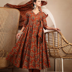 Gulmohar Jaipur Cotton Calf Length Printed 3/4 Sleeves V-Neck Anarkali Kurta Suit Set