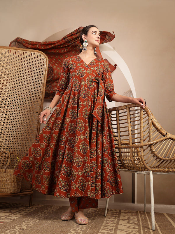Gulmohar Jaipur Cotton Calf Length Printed 3/4 Sleeves V-Neck Anarkali Kurta Suit Set