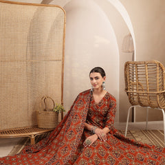 Gulmohar Jaipur Cotton Calf Length Printed 3/4 Sleeves V-Neck Anarkali Kurta Suit Set