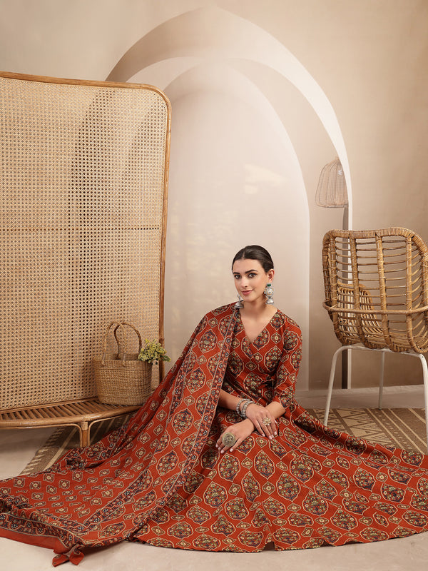 Gulmohar Jaipur Cotton Calf Length Printed 3/4 Sleeves V-Neck Anarkali Kurta Suit Set