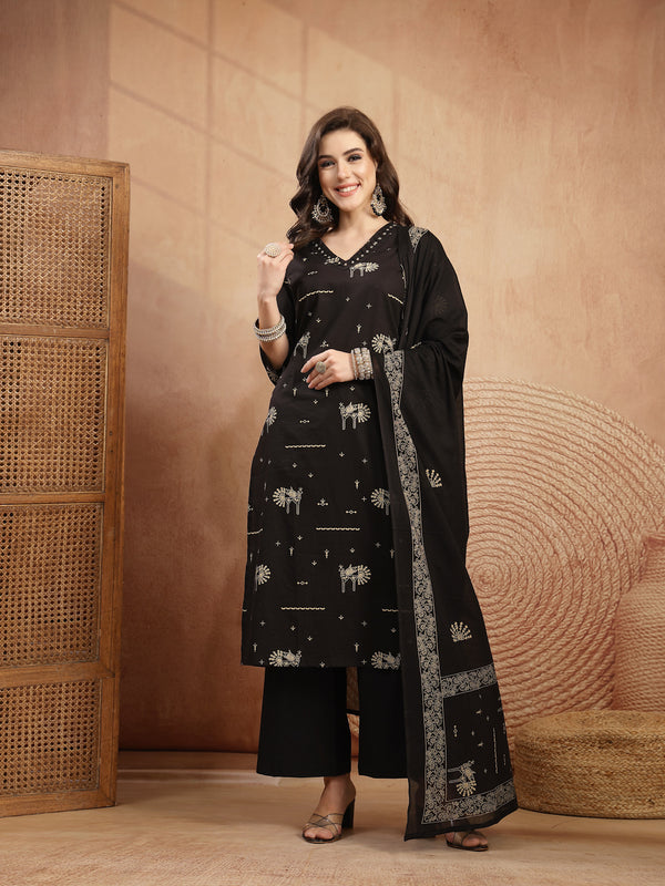 Gulmohar Jaipur Rayon Calf Length Printed 3/4 Sleeves V-Neck Straight Kurta Suit Set
