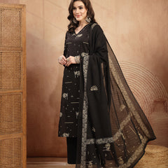 Gulmohar Jaipur Rayon Calf Length Printed 3/4 Sleeves V-Neck Straight Kurta Suit Set