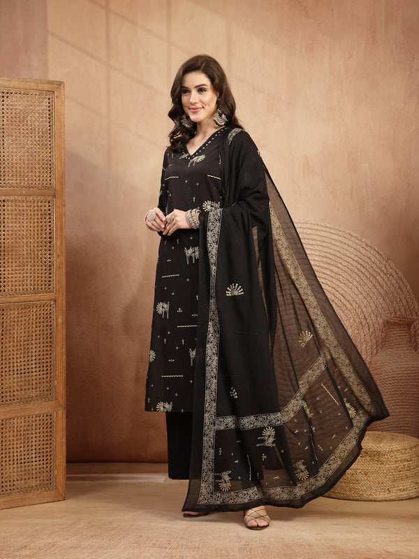 Gulmohar Jaipur Rayon Calf Length Printed 3/4 Sleeves V-Neck Straight Kurta Suit Set