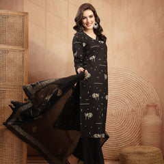 Gulmohar Jaipur Rayon Calf Length Printed 3/4 Sleeves V-Neck Straight Kurta Suit Set