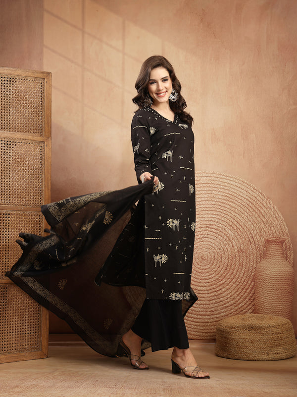 Gulmohar Jaipur Rayon Calf Length Printed 3/4 Sleeves V-Neck Straight Kurta Suit Set