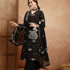 Gulmohar Jaipur Rayon Calf Length Printed 3/4 Sleeves V-Neck Straight Kurta Suit Set