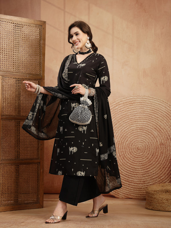 Gulmohar Jaipur Rayon Calf Length Printed 3/4 Sleeves V-Neck Straight Kurta Suit Set