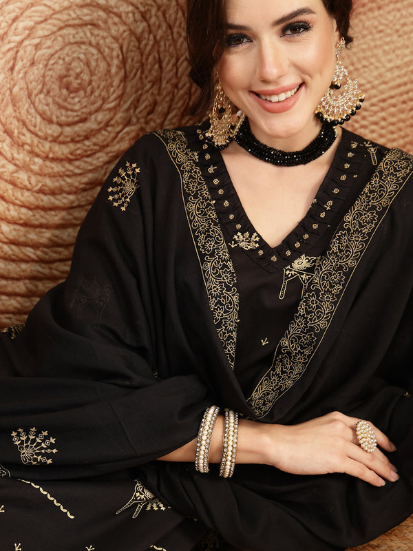 Gulmohar Jaipur Rayon Calf Length Printed 3/4 Sleeves V-Neck Straight Kurta Suit Set