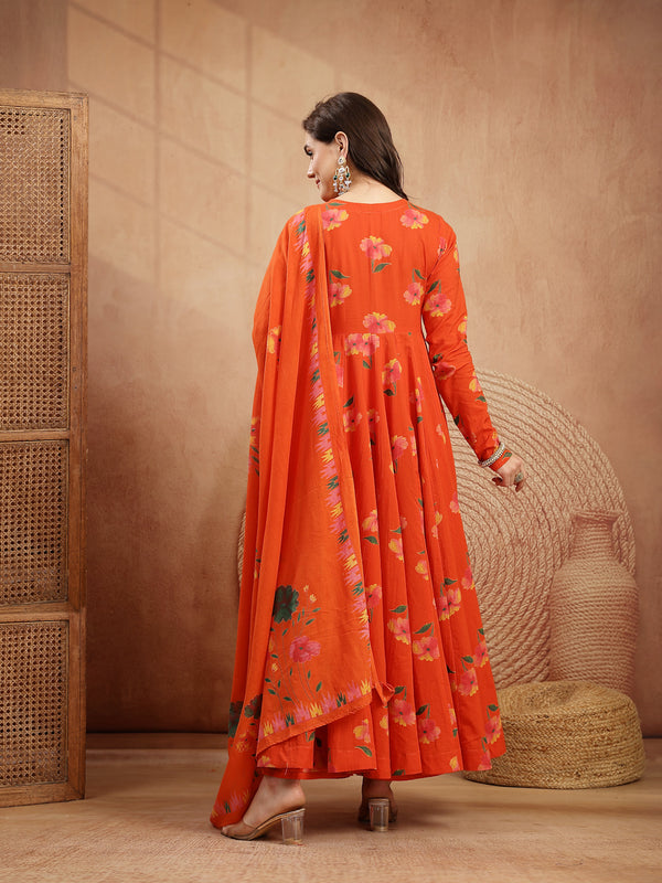 Gulmohar Jaipur Cotton Calf Length Printed Full Sleeves V-Neck Anarkali Kurta Suit Set