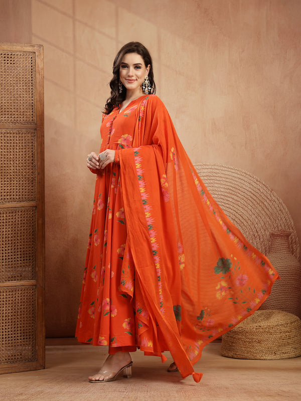 Gulmohar Jaipur Cotton Calf Length Printed Full Sleeves V-Neck Anarkali Kurta Suit Set