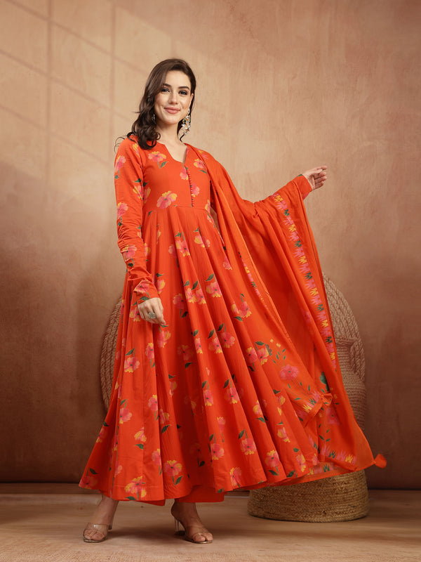 Gulmohar Jaipur Cotton Calf Length Printed Full Sleeves V-Neck Anarkali Kurta Suit Set