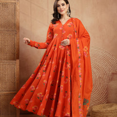 Gulmohar Jaipur Cotton Calf Length Printed Full Sleeves V-Neck Anarkali Kurta Suit Set
