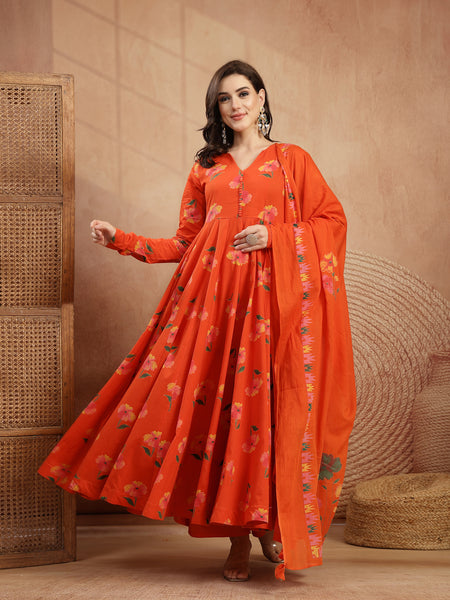 Gulmohar Jaipur Cotton Calf Length Printed Full Sleeves V-Neck Anarkali Kurta Suit Set