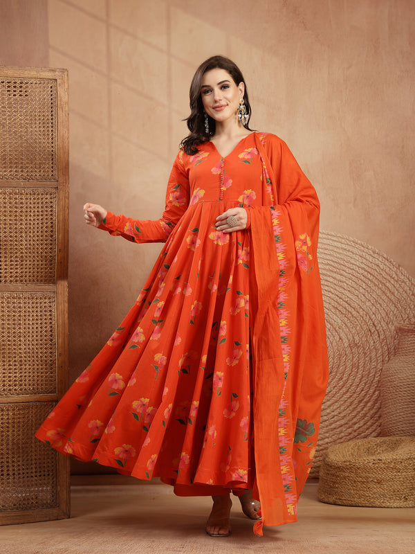 Gulmohar Jaipur Cotton Calf Length Printed Full Sleeves V-Neck Anarkali Kurta Suit Set