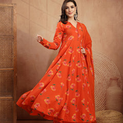 Gulmohar Jaipur Cotton Calf Length Printed Full Sleeves V-Neck Anarkali Kurta Suit Set