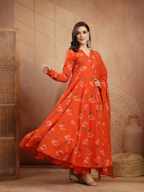 Gulmohar Jaipur Cotton Calf Length Printed Full Sleeves V-Neck Anarkali Kurta Suit Set