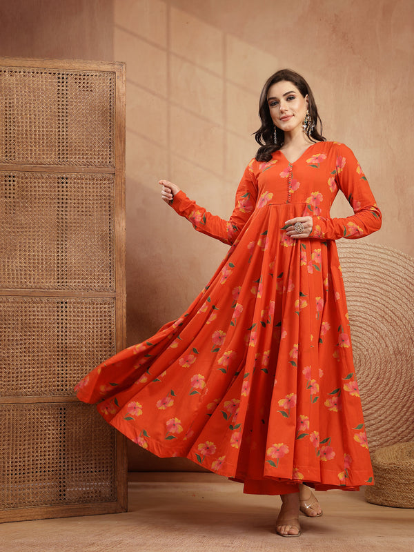 Gulmohar Jaipur Cotton Calf Length Printed Full Sleeves V-Neck Anarkali Kurta Suit Set