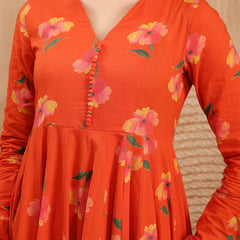 Gulmohar Jaipur Cotton Calf Length Printed Full Sleeves V-Neck Anarkali Kurta Suit Set