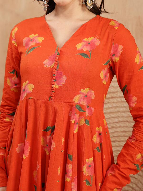 Gulmohar Jaipur Cotton Calf Length Printed Full Sleeves V-Neck Anarkali Kurta Suit Set