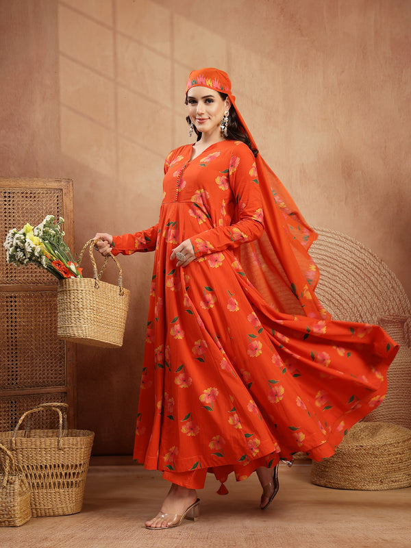Gulmohar Jaipur Cotton Calf Length Printed Full Sleeves V-Neck Anarkali Kurta Suit Set