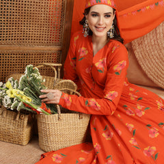 Gulmohar Jaipur Cotton Calf Length Printed Full Sleeves V-Neck Anarkali Kurta Suit Set