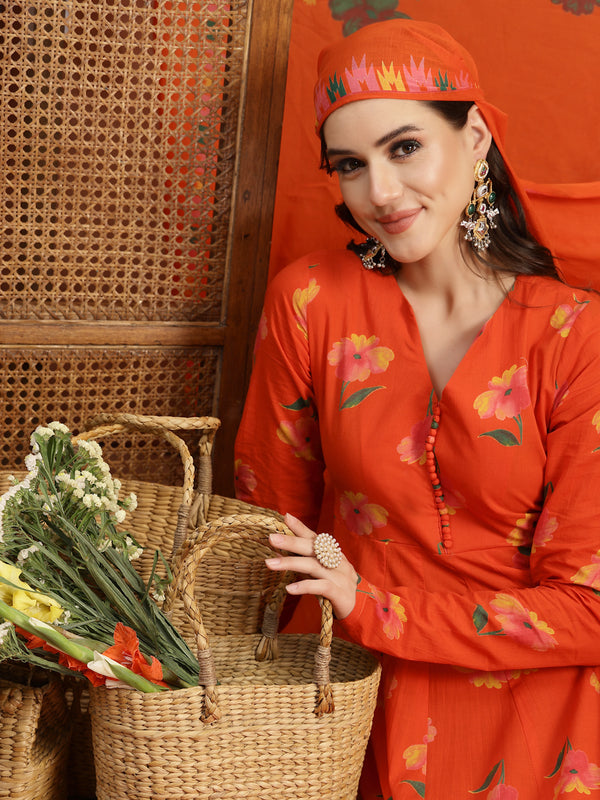 Gulmohar Jaipur Cotton Calf Length Printed Full Sleeves V-Neck Anarkali Kurta Suit Set