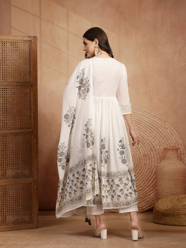 Gulmohar Jaipur Cotton Calf Length Printed 3/4 Sleeves Round Neck Flared Kurta Suit Set