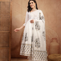 Gulmohar Jaipur Cotton Calf Length Printed 3/4 Sleeves Round Neck Flared Kurta Suit Set