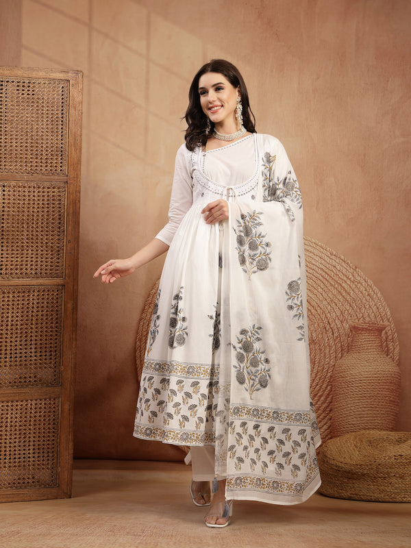 Gulmohar Jaipur Cotton Calf Length Printed 3/4 Sleeves Round Neck Flared Kurta Suit Set