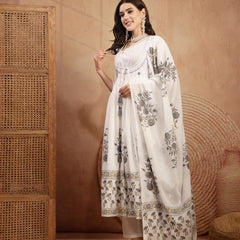Gulmohar Jaipur Cotton Calf Length Printed 3/4 Sleeves Round Neck Flared Kurta Suit Set