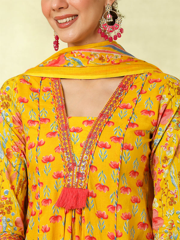 Black Pure Cotton Printed Embroidered Semi-Flared Kurta Suit Set