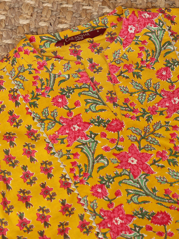 Mustard Cotton Calf Length Printed Round Flared Gown
