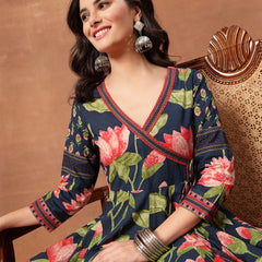 Cotton Ankle Length Printed 3/4 Sleeves V-Neck Flared Kurta