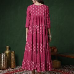 Cotton Calf Length Printed 3/4 Sleeves Key Hole Neck Flared Kurta