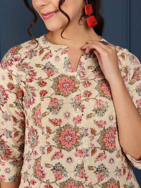 Brown Cotton Flex Calf Length Printed Mandarin Coller A-Line Kurta