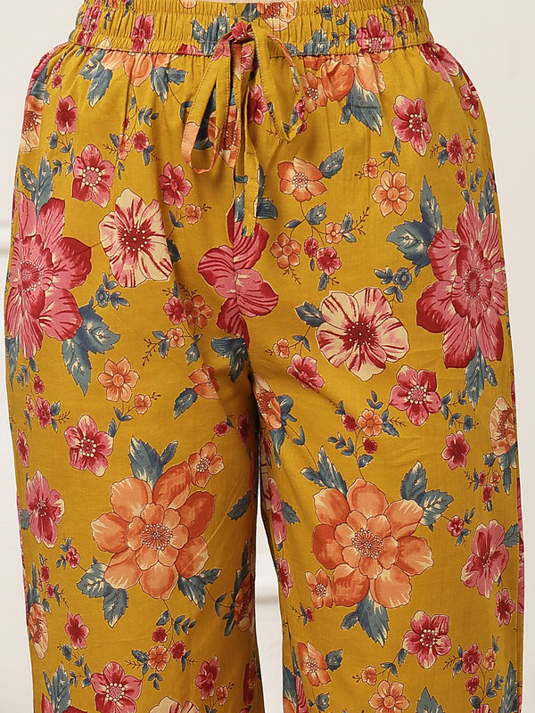 Cotton Calf Length Printed Full Sleeve V-Neck Flared Kurta Suit Set