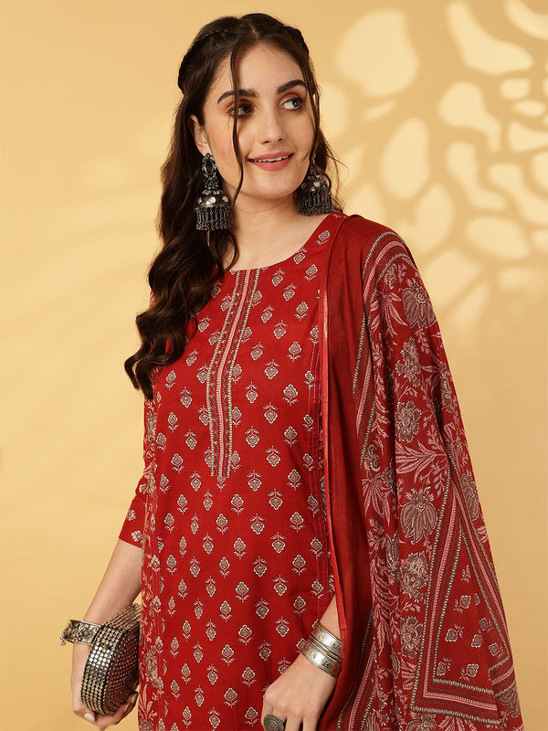 Calf Length Printed Straight 3/4 Sleeves Round Neck Kurta Bottom Dupatta Set