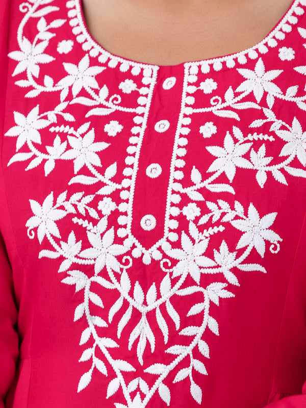 Rani Rayon Hip Length Solid Round Neck Solid Embroidered Straight Top
