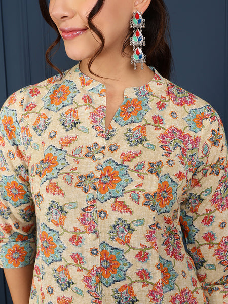 Blue Cotton Flex Calf Length Printed Mandarin Coller A-Line Kurta