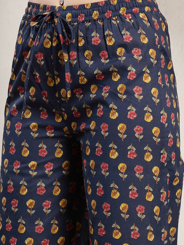 Cotton Calf Length Printed Sleeveless Round Neck Flared Kurta Suit Set