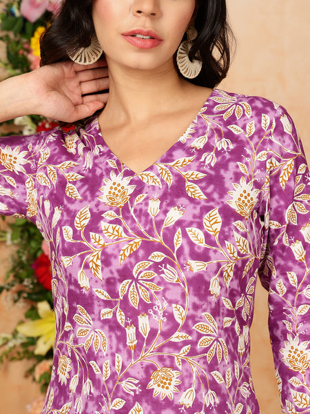 Purple Cotton Calf Length Printed V-Neck Straight Kurta Suit Set