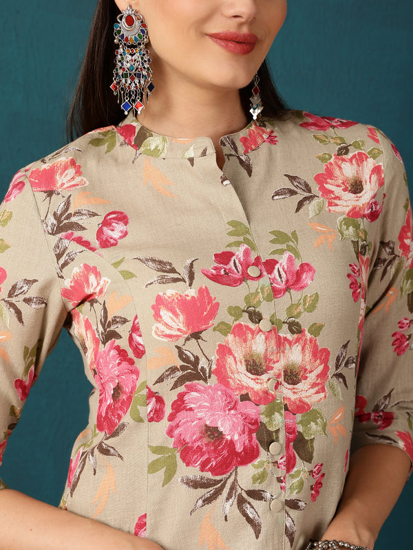 Cotton Flex  Calf length Length Floral  Straight 3/4 Sleeves V  Kurta