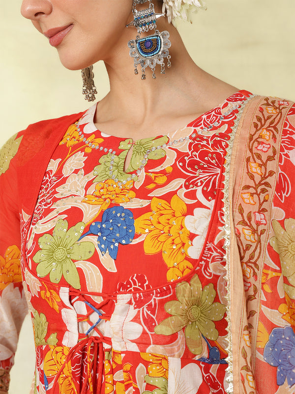 Blue Pure Cotton Printed Hand-Work Anarkali Kurta Suit Set
