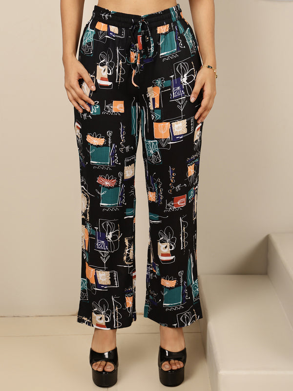 Black Rayon Hip Length Printed Shirt Coller Asymmetric Kurta Pant Set