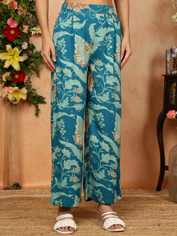 Firozi Rayon Calf Length Printed Mandarin Neck Straight Kurta Palazzo Set