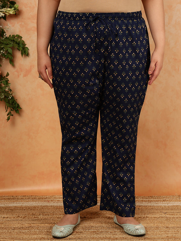 Cotton  Calf Length Printed Straight 3/4 Sleeves V-Neck Kurta Suit Set