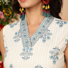 Blue Cotton Calf Length Printed Collared Straight Kurta Palazzo Set