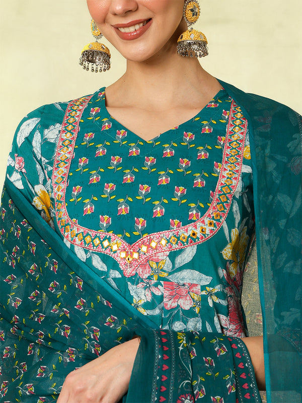 Black Pure Cotton Printed Embroidered Anarkali Kurta Suit Set