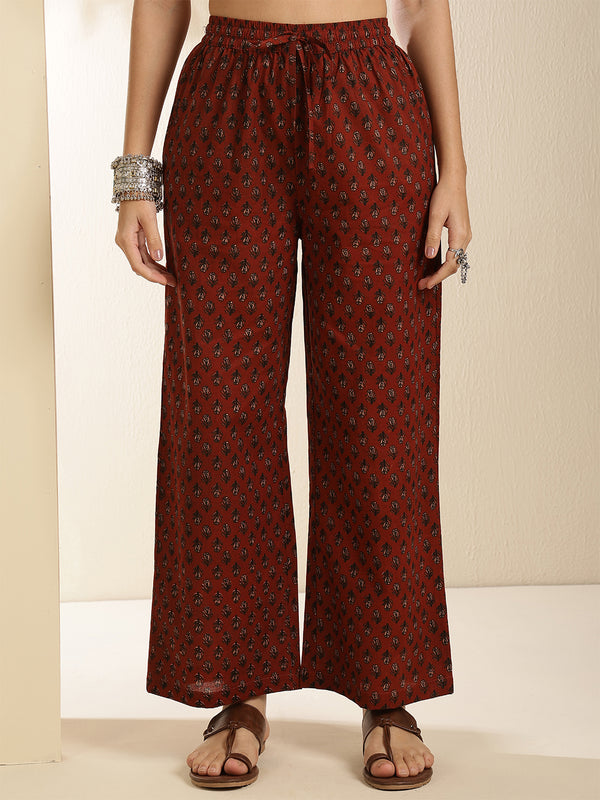 Maroon Pure Cotton Printed Keyhole Neck Anarkali Kurta Suit Set