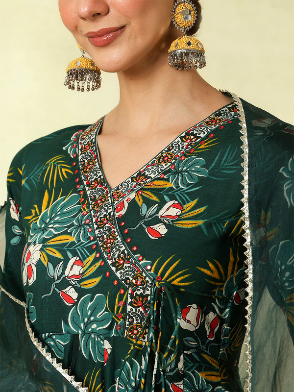Black Pure Cotton Printed hand-Work Anarkali Kurta Suit Set